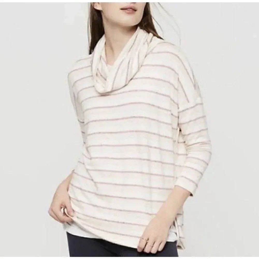 lou gray womens white pink striped turtleneck long sleeve sweater top medium
